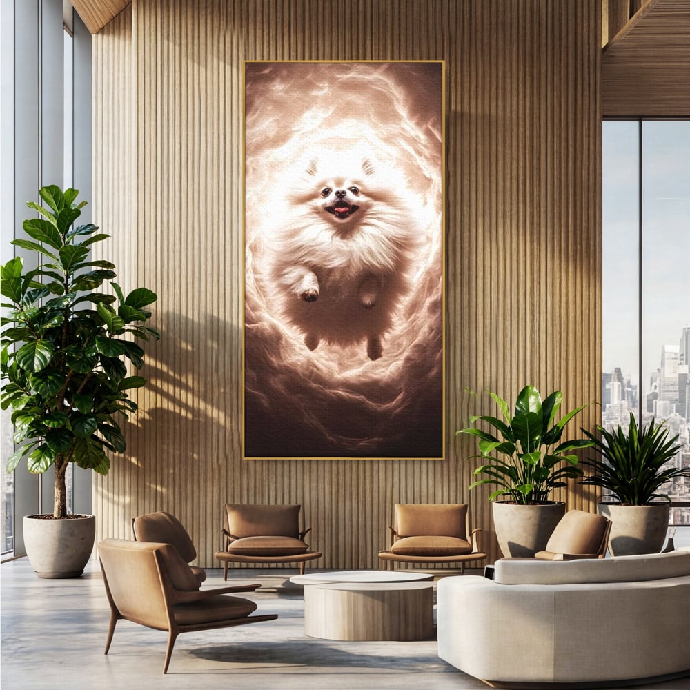 Tablou canvas cu tablou canvas cu caine pomeranian pufos, in rama de aluminiu auriu, pe perete intr-un birou
